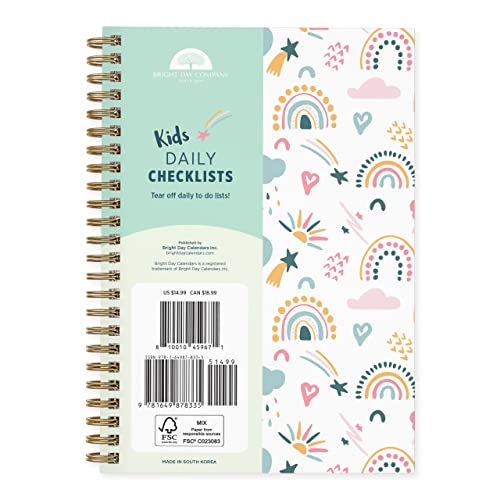 Kids To Do Chore List Daily Task Checklist Planner Time Management Notebook by Bright Day Non Dated Flex Cover Spiral Organizer 8.25 x 6.25 (Rainbows)