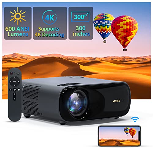 NexiGo PJ40 Movie Projector, 600 ANSI Lumens, Native 1080P, 4K Supported, 300 Inch, Auto Vertical Keystone, Zoomable, 20W Speakers, WiFi, Bluetooth 5.1, Compatible w/TV Stick, iOS, Android (Black)