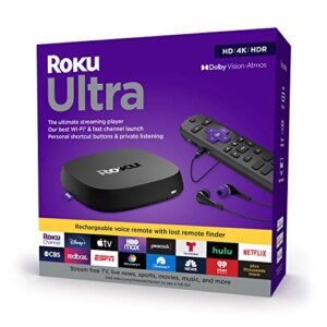 roku ultra 2022 4k/hdr/dolby vision streaming device and roku voice remote pro with rechargeable battery, hands-free voice controls, lost remote finder, and private listening