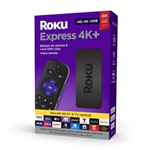 roku express 4k+ 2021 | streaming media player hd/4k/hdr with smooth wireless streaming and roku voice remote with tv controls, includes premium hdmi cable (renewed)