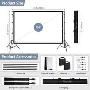 Projector Screen with Stand - VICIALL 120 inch Indoor Outdoor Projector Screen - 16:9 HD 4K Thickened Wrinkle-Free Movies Screen with Carry Bag for Home Theater Camping Travel Recreational Events