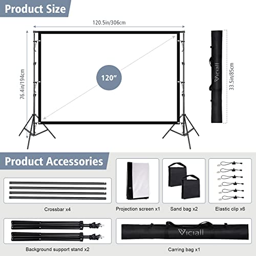 Projector Screen with Stand - VICIALL 120 inch Indoor Outdoor Projector Screen - 16:9 HD 4K Thickened Wrinkle-Free Movies Screen with Carry Bag for Home Theater Camping Travel Recreational Events