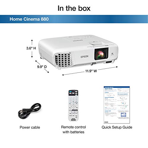 Epson Home Cinema 880 3-chip 3LCD 1080p Projector, 3300 lumens Color and White Brightness, Streaming and Home Theater, Built-in Speaker, Auto Picture Skew, 16,000:1 Contrast, HDMI 2.0, White