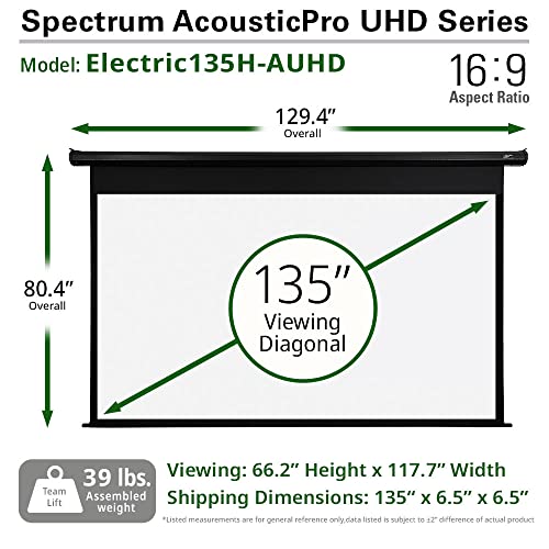 EliteProjector Screens Spectrum AcousticPro UHD 135" Diag. 16:9, Moiré-Free Electric Motorized Sound Transparent Perforated Weave 4K Ready Drop Down Projector Screen, ELECTRIC135H-AUHD