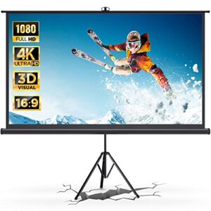 projector screen with stand, 100 inch portable movie projector screen and stand for outdoor/indoor use, 4k hd 16:9, wrinkle-free pvc, easy 3-step setup, 1.1 gain, 160° viewing angle, quick clean