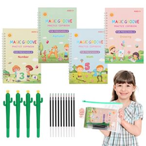 magic ink practice copybook for children ages 3-8, reusable writing practice book for preschools grooves template design,handwriting practice for kids,magic practice copybook set(4 books with pens)