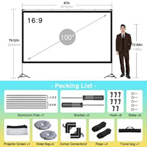 [Upgraded] MOOKA Family Projector Screen and Stand, 100- inch Projector Screen Outdoor with Carry Bag, 16:9 4K HD Rear Front Outdoor Movie Screen Wrinkle-Free, Easy to Assemble for Home Theater