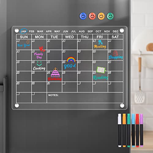 Acrylic Magnetic Dry Erase Calendar Board for Fridge,16"x12" Clear Monthly Calendar Planner Board for Refrigerator, Reusable Portable Calendar Whiteboard Memo Planning Boards