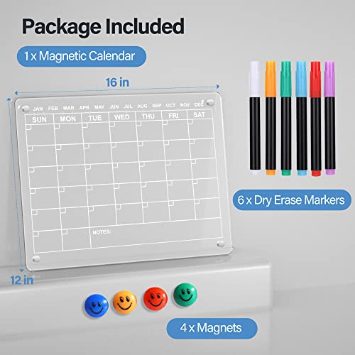 Acrylic Magnetic Dry Erase Calendar Board for Fridge,16"x12" Clear Monthly Calendar Planner Board for Refrigerator, Reusable Portable Calendar Whiteboard Memo Planning Boards