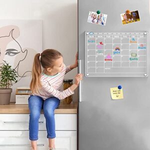 Acrylic Magnetic Dry Erase Calendar Board for Fridge,16"x12" Clear Monthly Calendar Planner Board for Refrigerator, Reusable Portable Calendar Whiteboard Memo Planning Boards