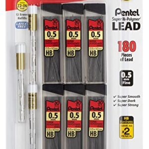 Pentel Eraser and Lead Refill Pack for Mechanical Pencils - Super Hi-polymer Lead Refills Value Pack, 0.5mm 6 Pack of 30 Pieces – Pack of White Eraser Refills 3 Packs of 4 Erasers