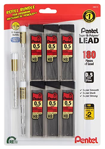 Pentel Eraser and Lead Refill Pack for Mechanical Pencils - Super Hi-polymer Lead Refills Value Pack, 0.5mm 6 Pack of 30 Pieces – Pack of White Eraser Refills 3 Packs of 4 Erasers