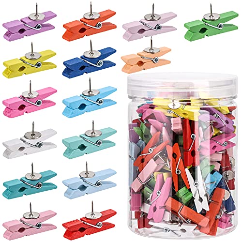 100Pcs Push Pin with Wooden Clips Tacks for Cork Board Artwork for Bulletin Board Crafts Arts Projects Photo Supplies(Colorful)