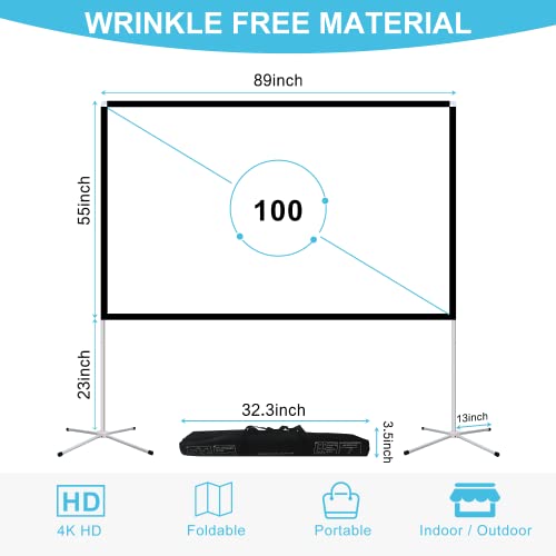 Projector Screen with Stand, 100 inch Projector Screen 16:9 Portable Outdoor Projection Screen 4K HD Movie Projection Screen with Carry Bag for Home Theater Indoor Party Camping