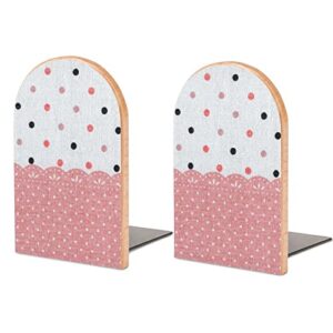 2 pack wood bookends,polka dots on pink and gray decorative book ends support for shelves desktop organizer wooden bookshelf for home school office