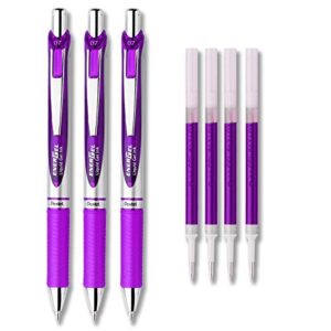 pentel energel deluxe rtx liquid gel ink pen set kit, pack of 3 with 4 refills (violet – 0.7mm)