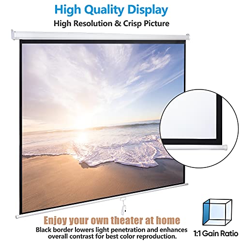 119" Projector Screen Manual Pull Down, Outdoor Movie Screen, 1:1 4K HD Wrinkle-Free Portable Projection Screen for Movie Home Office Presentation Video Game, Enjoy Outdoor Film Night, Easy to Set Up