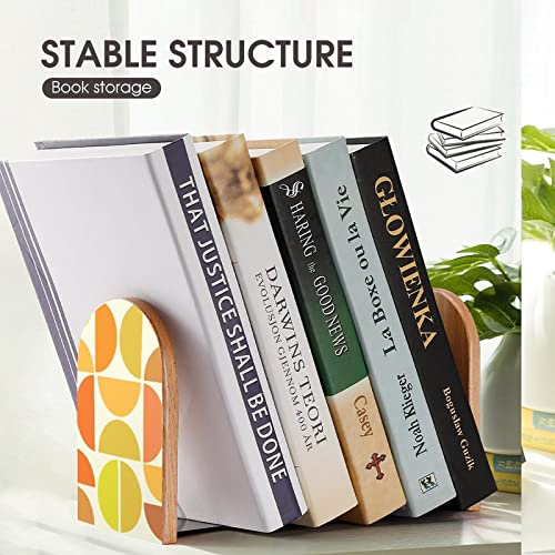 2 Pack Wood Bookends,Modern Mid Century Geometric Pattern Decorative Book Ends Support for Shelves Desktop Organizer Wooden Bookshelf for Home School Office