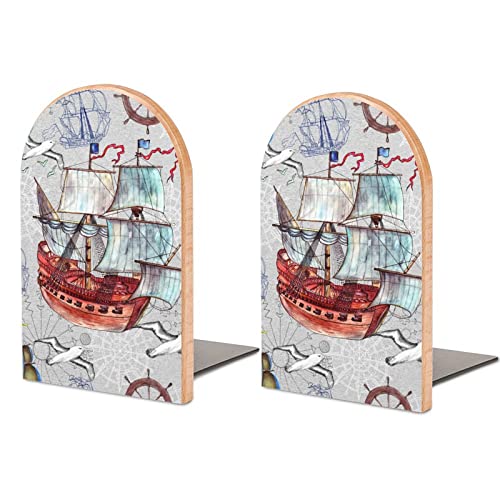 2 Pack Wood Bookends,Vintage Ship Pattern Decorative Book Ends Support for Shelves Desktop Organizer Wooden Bookshelf for Home School Office