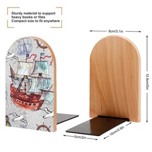 2 Pack Wood Bookends,Vintage Ship Pattern Decorative Book Ends Support for Shelves Desktop Organizer Wooden Bookshelf for Home School Office