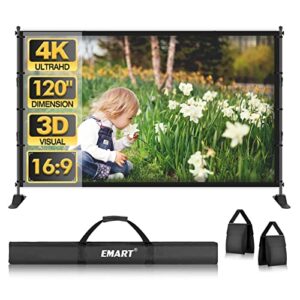emart portable projector screen with stand 120 inch, outdoor movie screen bundle 16:9 4k hd with carrying bag, sandbags for home theater, camping,backyard cinema travel, movie nights