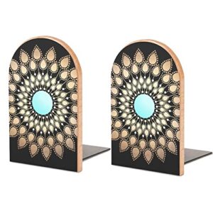 2 pack wood bookends,elegant lotus flower mandala decorative book ends support for shelves desktop organizer wooden bookshelf for home school office