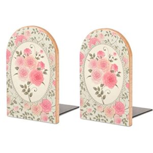 2 pack wood bookends,shabby chic roses pattern decorative book ends support for shelves desktop organizer wooden bookshelf for home school office