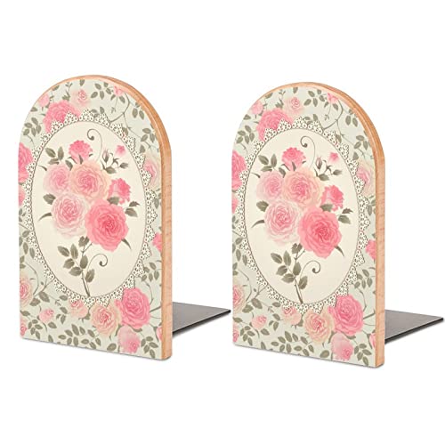 2 Pack Wood Bookends,Shabby Chic Roses Pattern Decorative Book Ends Support for Shelves Desktop Organizer Wooden Bookshelf for Home School Office