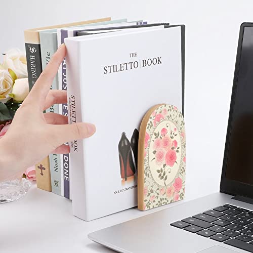 2 Pack Wood Bookends,Shabby Chic Roses Pattern Decorative Book Ends Support for Shelves Desktop Organizer Wooden Bookshelf for Home School Office