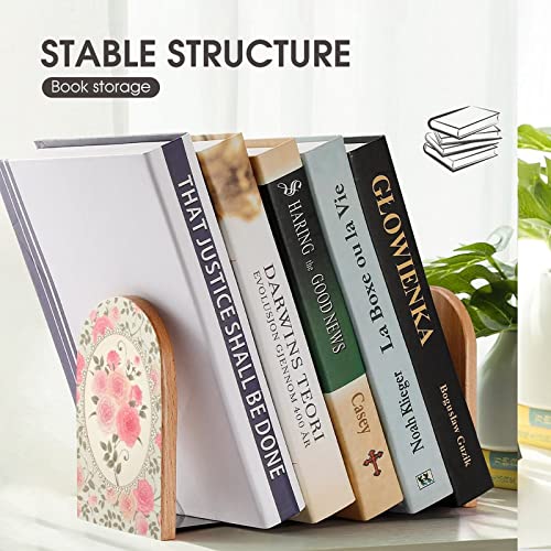 2 Pack Wood Bookends,Shabby Chic Roses Pattern Decorative Book Ends Support for Shelves Desktop Organizer Wooden Bookshelf for Home School Office