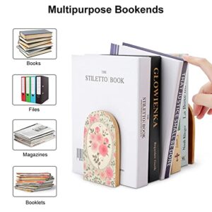 2 Pack Wood Bookends,Shabby Chic Roses Pattern Decorative Book Ends Support for Shelves Desktop Organizer Wooden Bookshelf for Home School Office