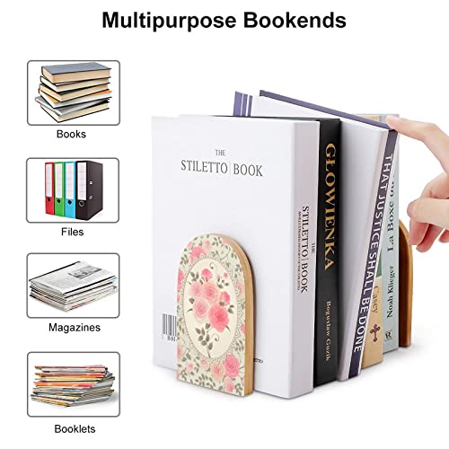2 Pack Wood Bookends,Shabby Chic Roses Pattern Decorative Book Ends Support for Shelves Desktop Organizer Wooden Bookshelf for Home School Office