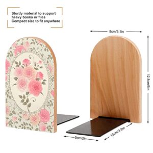 2 Pack Wood Bookends,Shabby Chic Roses Pattern Decorative Book Ends Support for Shelves Desktop Organizer Wooden Bookshelf for Home School Office