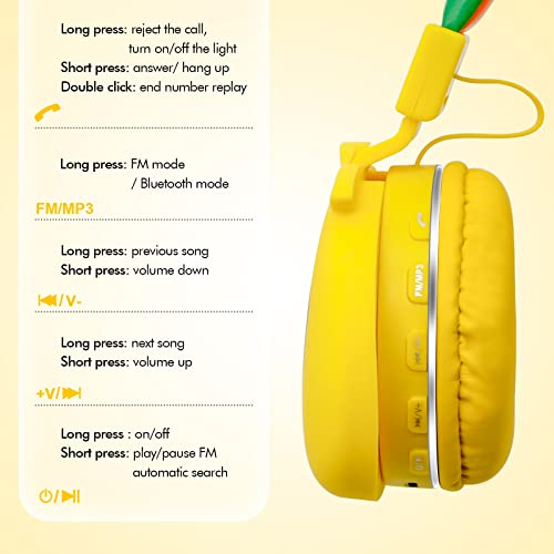 Kids Wireless Headphones, Adjustable Headband, Stereo Sound, 3.5mm Jack, Kids Bluetooth Headphones, Volume Control, Foldable, Build-in Microphone, Over-Ear Headphones for Kids for School Home, Yellow