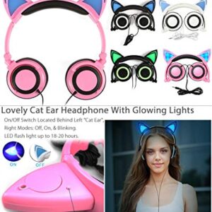 Wired Over-Ear Foldable Headphones Cat Ear Earphones with LED Light for Girls,Children.Compatible for Mp3 Mp4 Player,iPhone 6S,Android Phone.