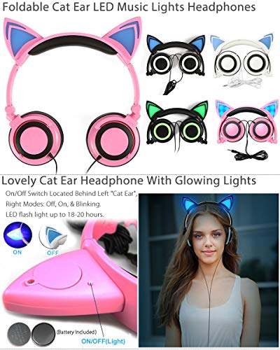 Wired Over-Ear Foldable Headphones Cat Ear Earphones with LED Light for Girls,Children.Compatible for Mp3 Mp4 Player,iPhone 6S,Android Phone.