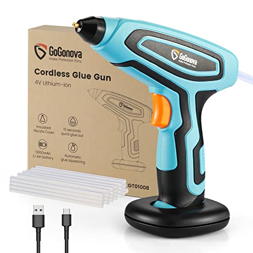 Cordless Dripless Glue Gun, GoGonova Auto Gluing Out 15s Fast Preheating Glue Gun, 5Ah USB-C Rechargeable Hot Glue Gun Kit with 25 Pcs Premium Mini Glue Sticks, Smart Power-Off