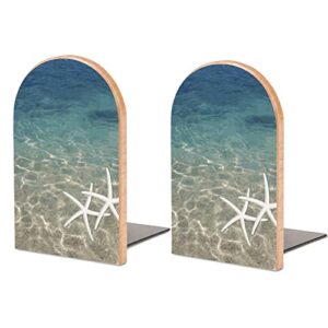 2 pack wood bookends,summer beach tropical blue ocean starfish decorative book ends support for shelves desktop organizer wooden bookshelf for home school office