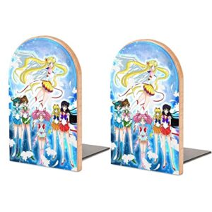anime poster moon bookends wood book divider decorative shelves non-skid book stand 2 pieces for office home