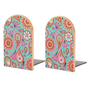 2 pack wood bookends,paisley floral decorative book ends support for shelves desktop organizer wooden bookshelf for home school office