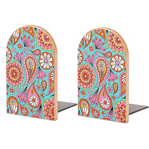 2 Pack Wood Bookends,Paisley Floral Decorative Book Ends Support for Shelves Desktop Organizer Wooden Bookshelf for Home School Office