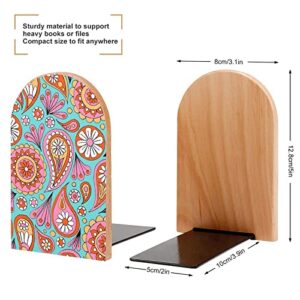 2 Pack Wood Bookends,Paisley Floral Decorative Book Ends Support for Shelves Desktop Organizer Wooden Bookshelf for Home School Office