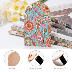 2 Pack Wood Bookends,Paisley Floral Decorative Book Ends Support for Shelves Desktop Organizer Wooden Bookshelf for Home School Office