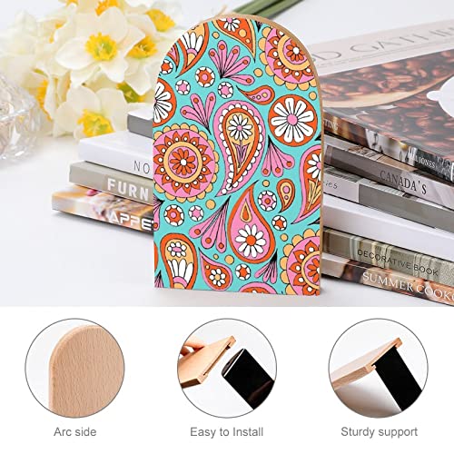 2 Pack Wood Bookends,Paisley Floral Decorative Book Ends Support for Shelves Desktop Organizer Wooden Bookshelf for Home School Office