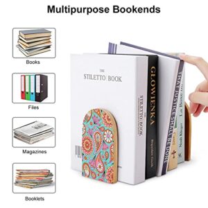 2 Pack Wood Bookends,Paisley Floral Decorative Book Ends Support for Shelves Desktop Organizer Wooden Bookshelf for Home School Office