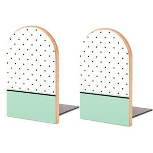 2 pack wood bookends,mint green with black and white polka dots decorative book ends support for shelves desktop organizer wooden bookshelf for home school office