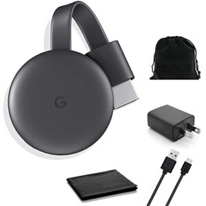 google chromecast – streaming device with hdmi cable – stream shows, music, photos, and sports from your phone to your tv with microfiber cloth and travel carrying pouch – charcoal, black