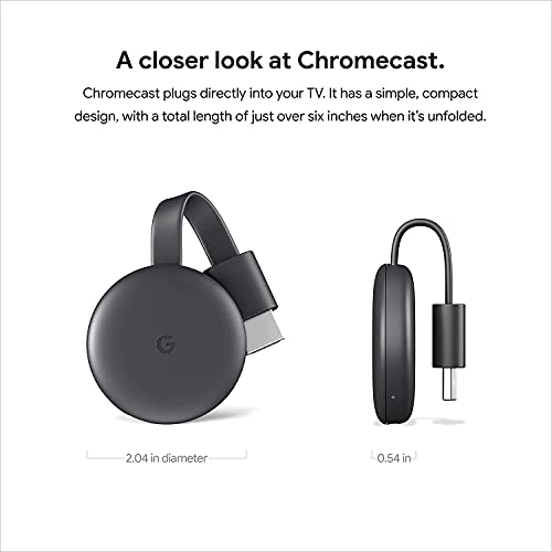 Google Chromecast - Streaming Device with HDMI Cable - Stream Shows, Music, Photos, and Sports from Your Phone to Your TV with Microfiber Cloth and Travel Carrying Pouch - Charcoal, Black