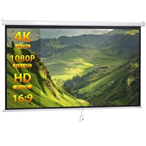oteymart 100 inches manual projector screen pull down-portable screen video projection 16:9 hd matte white home theater with auto lock anti-crease for home theater outdoor,wall/ceiling mounting