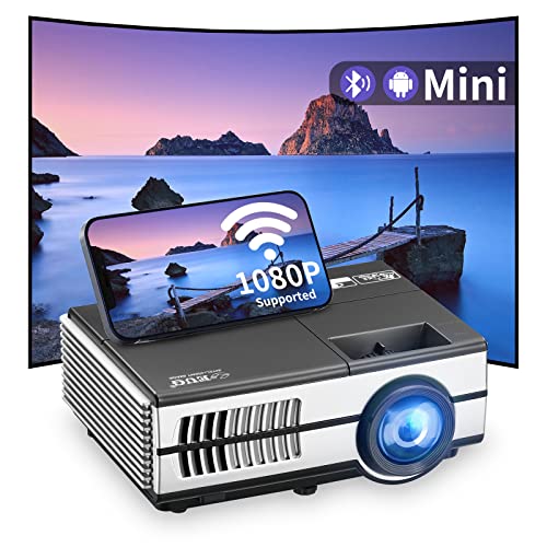 Portable Video Projector with WiFi&Bluetooth, Mini HD Outdoor Movie Projector with Airplay Mirroring & Speaker for Smart Phone, LED Home Theater Projector with Android OS/HDMI/USB for TV Stick DVD PC